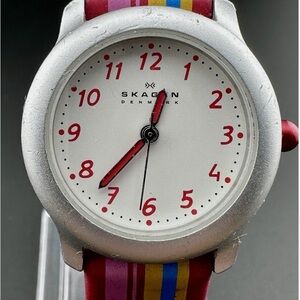 EUC Skagen Watch with Red, Pink, Blue, and Yellow Stripe leather watch band